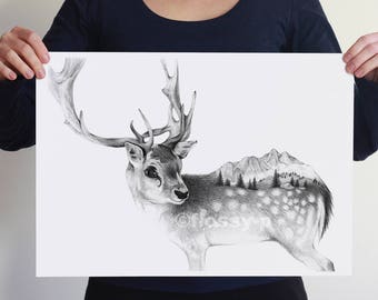 Dibujo de ciervos, gran impresión de arte A2, póster por hilo dental-p. Animal nórdico, regalo.