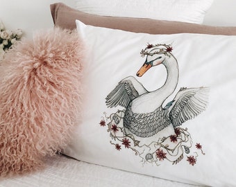 Swan pillowcase, facing left. White boho, nature, animal, bird, colour, cotton, pillowslip, sham for bed, by flossy-p