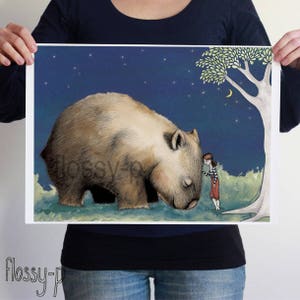 Giant Wombat and Girl, large A3 full colour or B&W art print. Australian animal. Australian gift with original art by flossy-p