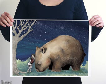 Giant Wombat and Banjo Boy, Large A2 Art Print by flossy-p. Full Colour or Black and White. Australian animal, gift.