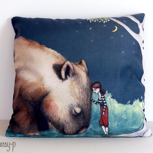 Giant Wombat and Girl cushion cover. Decorative pillow. Velvet. Illustration. Australian gift with original art by flossy-p