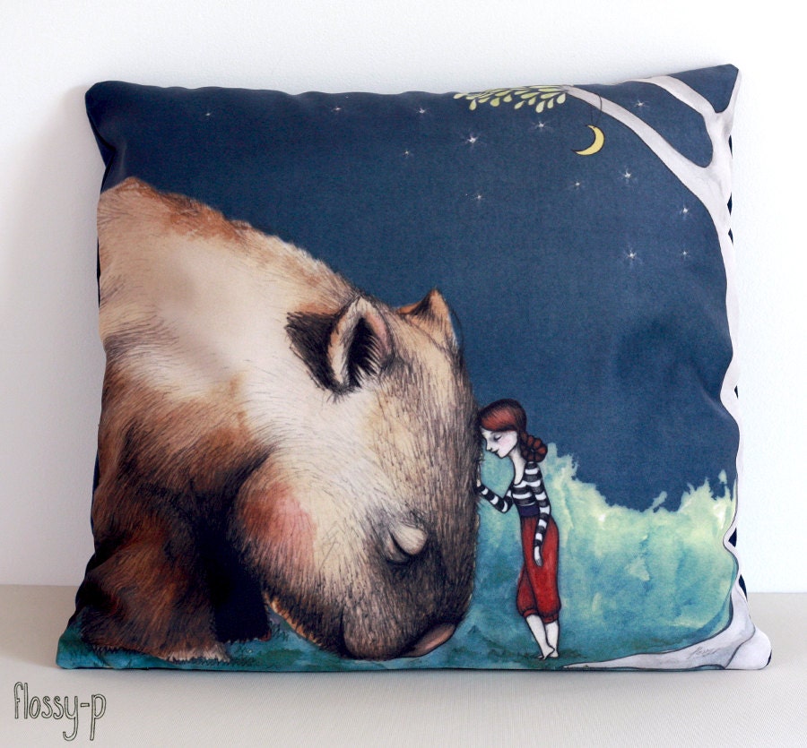 Giant Wombat and Girl cushion cover. Decorative pillow. Velvet. Illus…