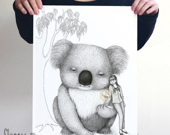 Koala gigante, gran A3 impresión de arte en blanco y negro por hilo dental-p. Regalo australiano con arte original por hilo dental-p