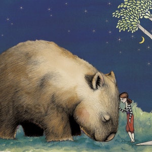 Giant Wombat and Girl, grand A2 en couleur ou impression dart N&B. Animal australien. Cadeau australien avec des œuvres originales de flossy-p image 2