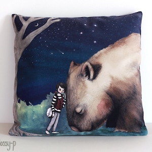 Giant Wombat and Banjo Boy cushion cover. Decorative pillow. Velvet. Illustration. Australian gift with original art by flossy-p image 1