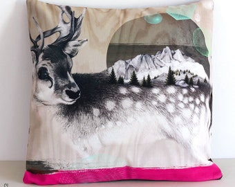 Moon Deer colour cushion cover. Velvet pillow. Reindeer. Woodland. Animal illustration. Australian gift with original art by flossy-p