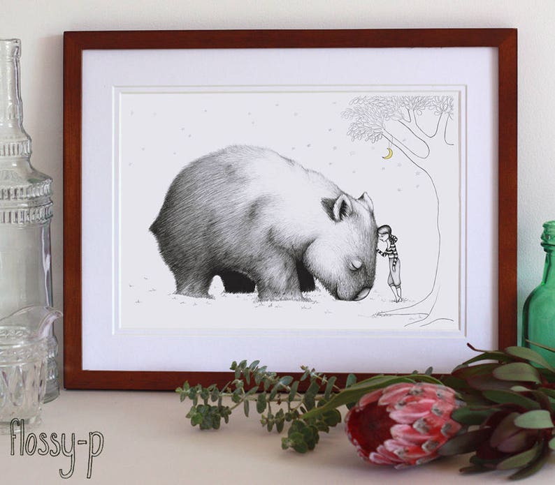 Giant Wombat and Girl, grand A2 en couleur ou impression dart N&B. Animal australien. Cadeau australien avec des œuvres originales de flossy-p image 3