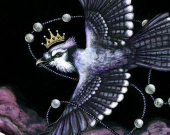 Jack of Hearts *Original one-of-a-kind traditional art piece. Painting, watercolor, scratchboard, corvid, blue jay, goth, fine art, magick*