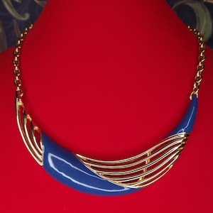 Vintage 1980’s Monet Collar Necklace; blue Enamel, Gold Tone Chain, Statement, Designer Ladies Costume Jewelry & Accessories Ladies