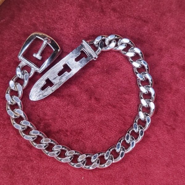 AVON Belt Buckle Vintage Art Deco bracelet silver tone chain ring in ring/ curb design 7 '' unisex Modernist