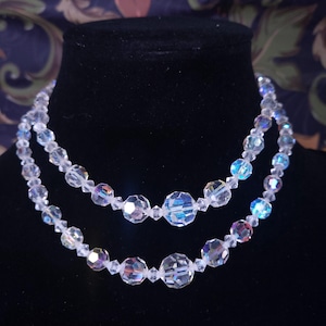 Vintage 1950s Aurora Borealis Crystal Glass Bead 11” Long Double Strand Choker Necklace