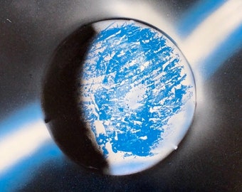 Handmade spray painted celestial image of blue planet and blue stripes, ready for one owner.