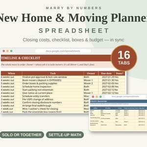 May include: A digital New Home & Moving Planner spreadsheet featuring 16 tabs, a timeline and checklist, and utility transfer tracking. The interface displays columns for tasks, owners, and due dates in a clean, organised layout.