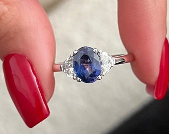 1.75 Carat 8x6mm Natural Blue Sapphire / Three Stone Ring/ Trilogy Ring / Engagement Ring / 14k White Gold Ring
