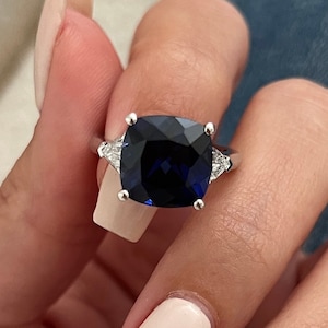 Cushion Cut Blue Sapphire Ring: Lab Grown Diamond Accents, 14k White Gold