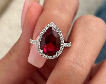 4 Carat 12X8mm Lab Grown Pear Shape Ruby Engagement Ring / Halo Diamonds / Pave Diamonds / Proposal Ring / 14k White Gold Unique Ring