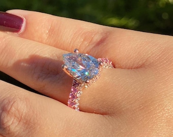 5 Carat Pear Lab Grown Diamond Engagement Ring: Pink Sapphire Accent