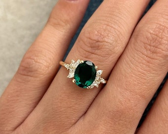 1.7 Carat 9X7MM Emerald Lab Grown Engagement Ring / Nature Inspired Ring / Side Lab Grown Diamonds / 14k Yellow Gold Cluster Ring