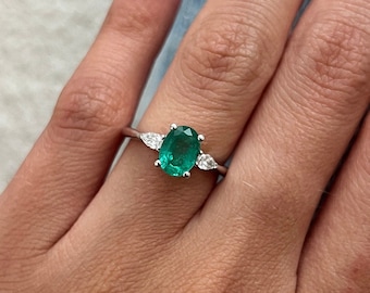 1.3 Carat Oval Shape Natural Emerald Engagement Ring / Lab Grown Pear Shape Diamond / Three Stone Ring / Trilogy Ring / 14k White Gold Ring