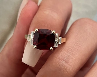 Art Deco 4 Carat Lab Grown Ruby Ring: Baguette Diamond, 14k Yellow Gold