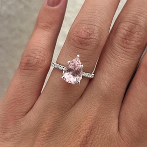 2 Carat Pear Morganite Engagement Ring: Diamond Pavé, 14k White Gold