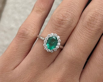 Natural Emerald Oval Diana Engagement Ring / Soft Green Emerald Halo Ring / 14k White Gold Cathedral Ring / 1.3 Carat Natural Emerald Ring