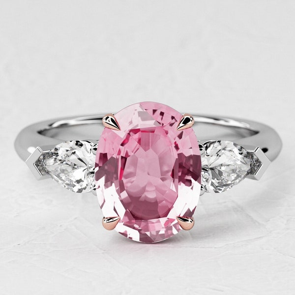 2 Carat Oval Shape Natural Pink Sapphire / Three Stone Ring / Two Tone Engagement Ring / Pear Lab Grown Diamond / 14k White & Rose Gold