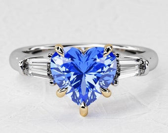 1.5 Carat Heart Shape Natural Blue Sapphire / Three Stone Engagement Ring / Two Tone / Lab Grown Baguette Diamond / 14k White & Yellow Gold