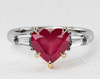 1 Carat Heart Shape Natural Ruby / Three Stone Engagement Ring / Two Tone / Lab Grown Baguette Diamond / 14k White & Yellow Gold