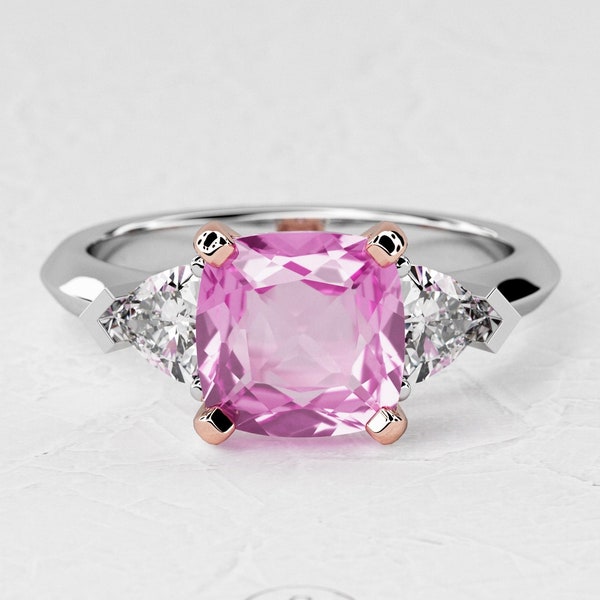 1.8 Carat Cushion Shape Natural Pink Sapphire Ring / Three Stone Ring / Lab Grown Trillion Diamond / Two Tone Ring / White Gold & Rose Gold
