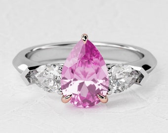1.5 Carat Pear Shape Natural Pink Sapphire / Three Stone Engagement Ring / Two Tone Ring / Lab Grown Pear Diamond / 14k White & Yellow Gold