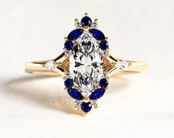 1 Carat Marquise Lab Grown Diamond Engagement Ring: Sapphire & Diamond Yellow Gold Cluster