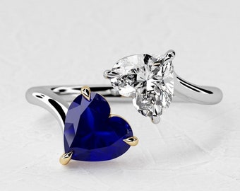 Anello a forma di cuore con zaffiro blu naturale da 1,5 carati / Diamante coltivato in laboratorio da 1 carato a forma di cuore / Anello di fidanzamento bicolore / Anello in oro e bianco 14k