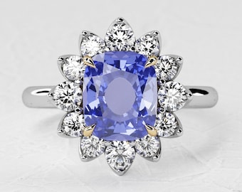 1,5 karaat natuurlijke blauwe saffier kussen verlovingsring / Halo natuurlijke diamant / tweekleurige ring / uniek ontwerp / 14k wit en geel goud