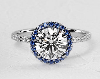 2 Carat Lab Grown Diamond Engagement Ring / Halo Blue Sapphire / Pave Diamonds / 14k White Gold Engagement ring