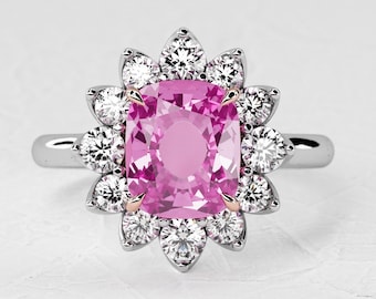 1.5 Karat natürlicher rosa Saphir-Kissen-Verlobungsring / Halo-Naturdiamant / zweifarbiger Ring / Einzigartiges Design / 14k Weiß- und Gelbgold