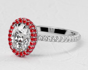 1,5 karaat ovale Lab Diamond Ring / 3D Pave verlovingsring / luxe witgouden ring / dubbele Halo Ruby / verborgen Halo