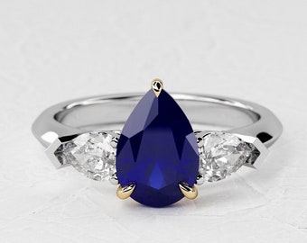 1.8 Carat Pear Shape Natural Blue Sapphire / Three Stone Engagement Ring / Two Tone Ring / Lab Grown Pear Diamond / 14k White & Yellow Gold
