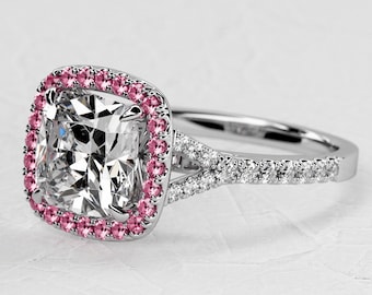 3 Carat Cushion Lab Grown Diamond Ring: Pink Sapphire Halo, 14k White Gold