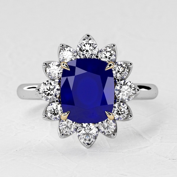 1.5 Carat Natural Blue Sapphire Cushion Engagement Ring / Halo Natural Diamond / Two Tone Ring / Unique Design / 14k White & Yellow Gold