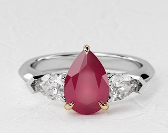 1.5 Carat Pear Shape Natural Ruby Ring / Three Stone Engagement Ring / Two Tone Ring / Lab Grown Pear Diamond / 14k White & Yellow Gold