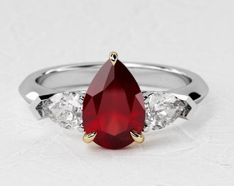 1.5 Carat Pear Shape Natural Ruby Ring / Three Stone Engagement Ring / Two Tone Ring / Lab Grown Pear Diamond / 14k White & Yellow Gold