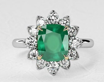 1,5 Karat natürlicher Smaragd-Verlobungsring in Kissenform / Halo-Naturdiamant / zweifarbiger Ring / einzigartiges Design / 14 Karat Weiß- und Gelbgold