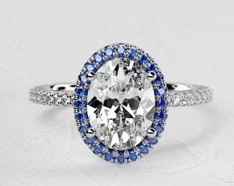 3 Carat Oval Lab Grown Diamond Ring: Blue Sapphire Halo, Pave Prong