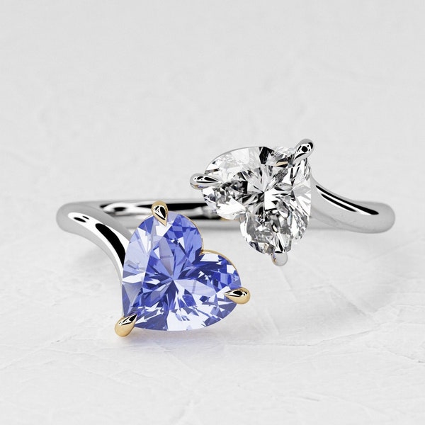1.5 Carat Natural Blue Sapphire Heart Shape Ring / 1 Carat Lab Grown Diamond Heart Shape / Two Tone Engagement Ring / 14k White & Gold Ring