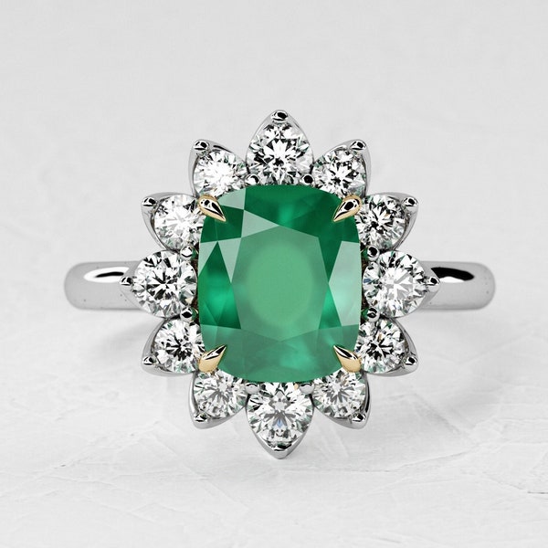 1.5 Carat Natural Emerald Cushion Shape Engagement Ring / Halo Natural Diamond / Two Tone Ring / Unique Design / 14k White & Yellow Gold