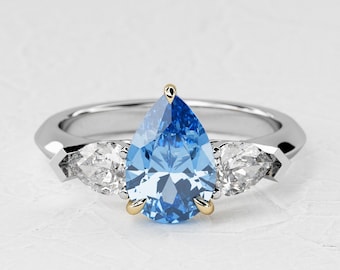 1.5 Carat Pear Shape Natural Blue Sapphire / Three Stone Engagement Ring / Two Tone Ring / Lab Grown Pear Diamond / 14k White & Yellow Gold