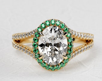 3 Carat Oval Lab Grown Diamond Ring / Halo Emerald Engagement Ring / Vintage Ring / 14k Yellow Gold Split Shank Luxury Ring / Pave Ring