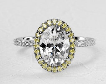 3 Carat Oval Lab Grown Diamond Ring / CVD Diamond Ring / Halo Yellow Engagement Ring / 14k White Gold ring / High Setting Profile