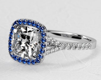 3 karaat kussen Lab Grown Diamond Ring / Halo blauwe saffier verlovingsring / kathedraal Diamond Ring / 14k witgouden ring